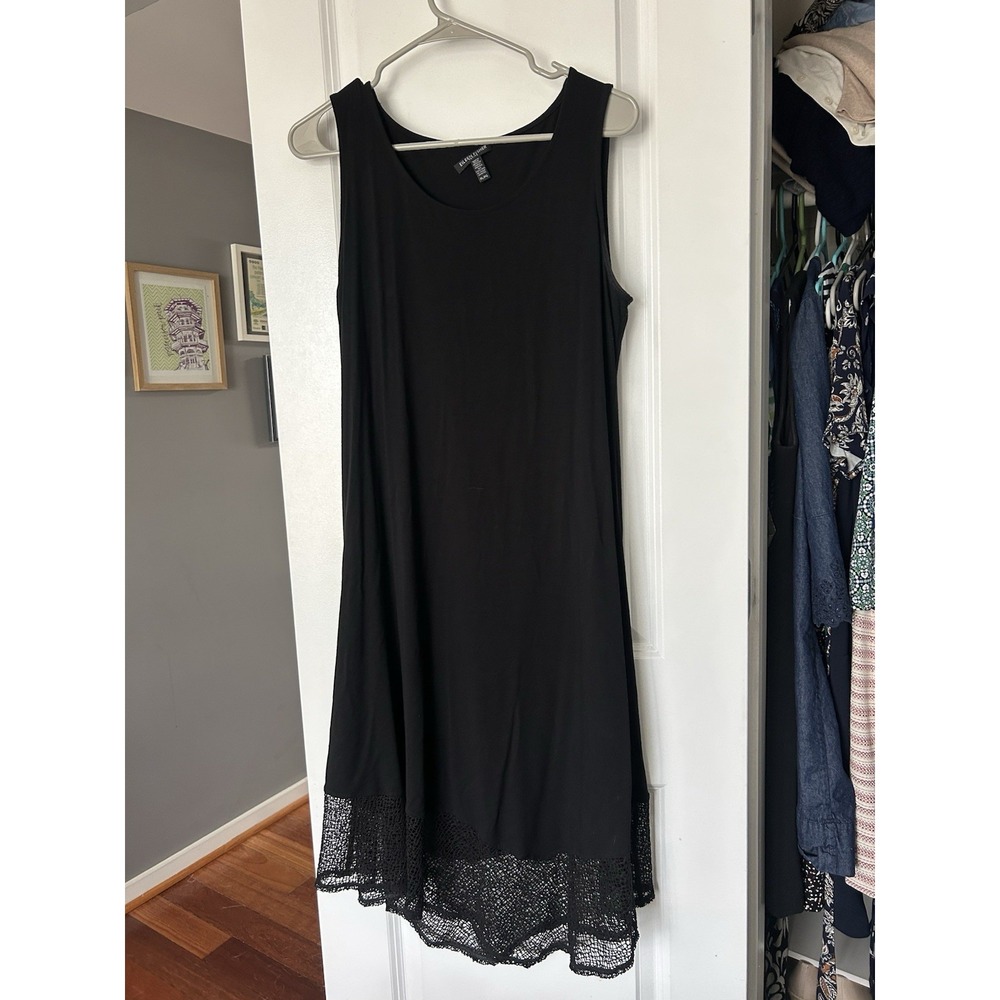 Eileen Fisher Jersey Dress Black Sleeveless Lace‎ Handkerchief Hem Midi L Petite